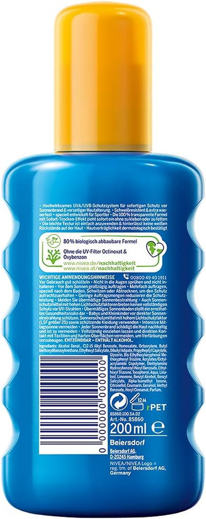 Nivea Sun UV Dry Protect Sport Transparent Sun Protection Spray SPF 50, Sweat-Resistant & Extra Waterproof, 1 X 200 Ml