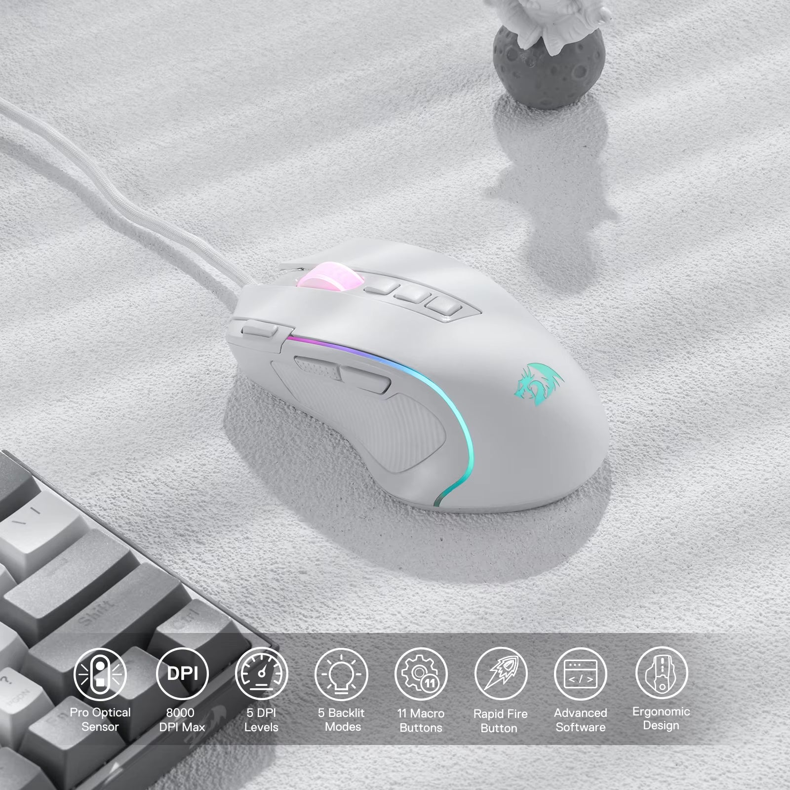 M612 Predator RGB Gaming Mouse 8000 DPI Wired Optical with 11 Programmable Buttons, White