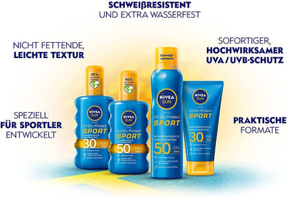 Nivea Sun UV Dry Protect Sport Transparent Sun Protection Spray SPF 50, Sweat-Resistant & Extra Waterproof, 1 X 200 Ml